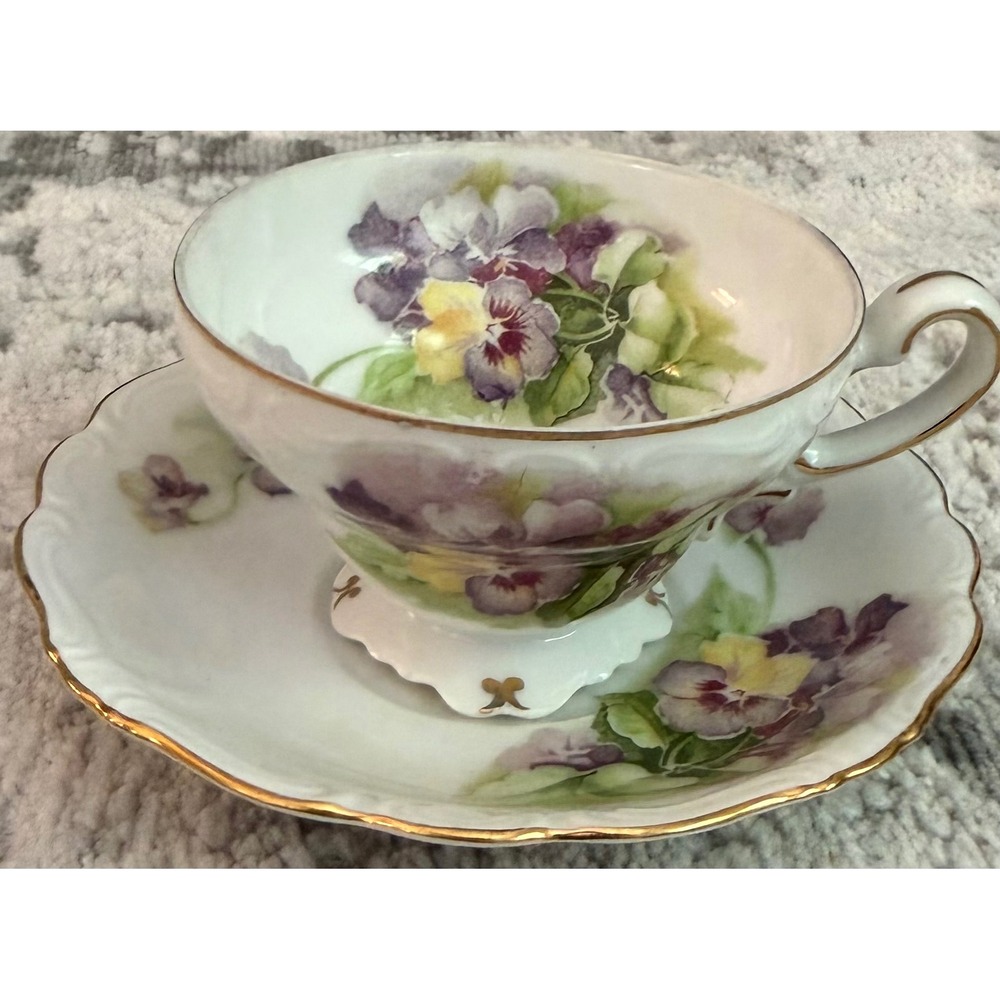 Vintage Hand Painted Pansies Teacup Saucer Set Made in Occupied Japan Gold Trim